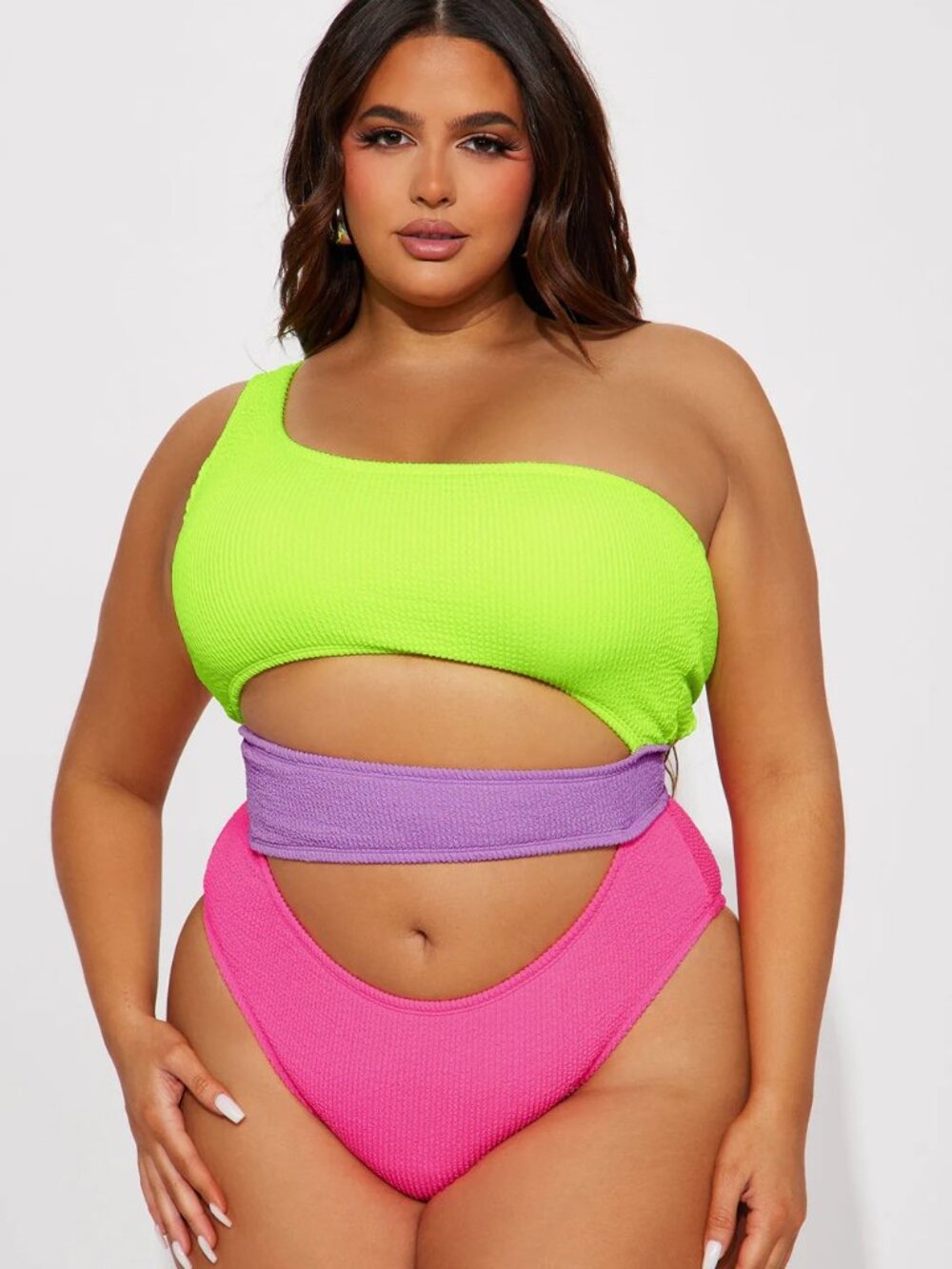 Fashion Nova Layla One Shoulder Cutout Swimsuit Hot Pink Green XL NWT